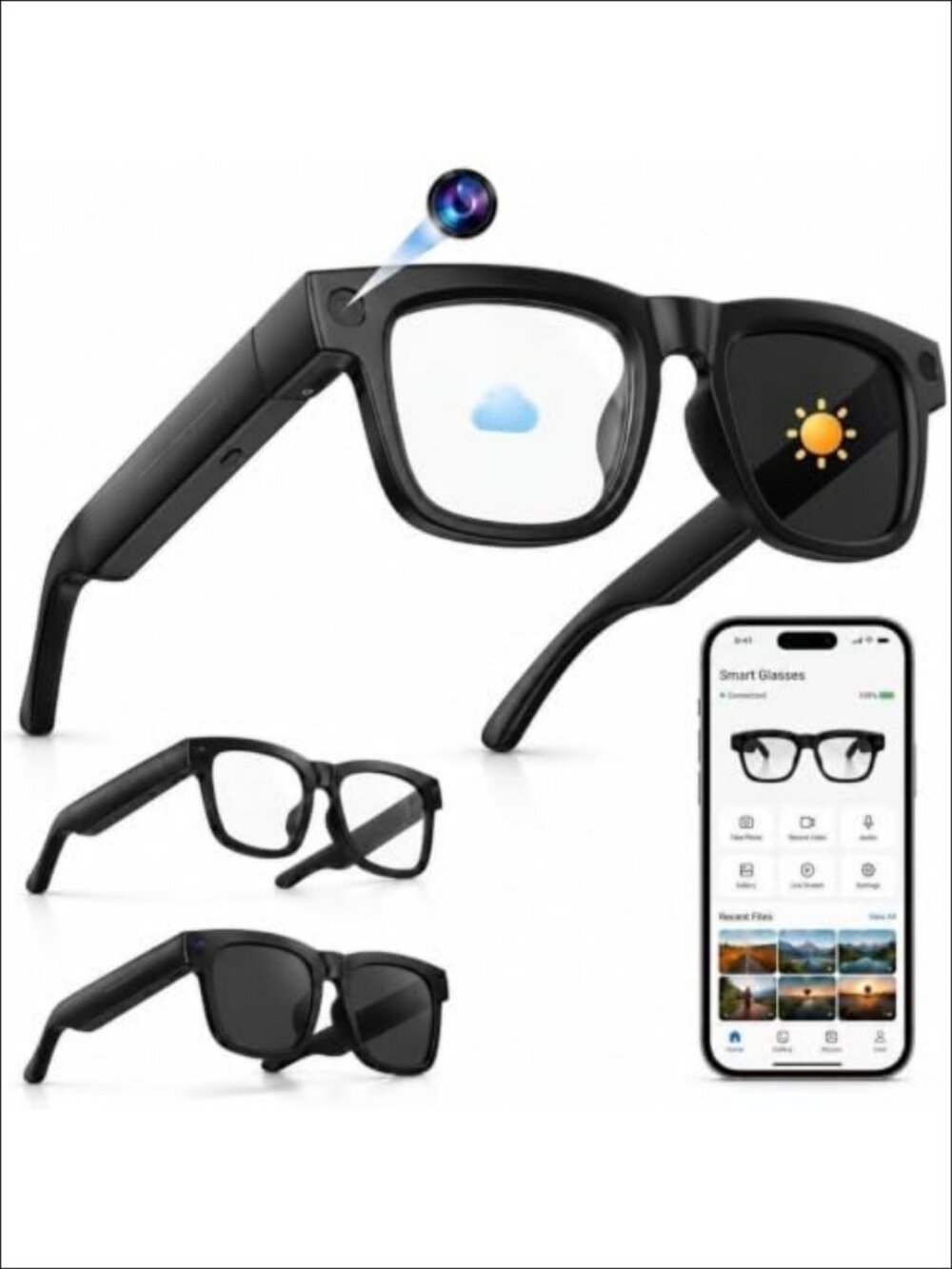 AI Smart Glasses 4K EIS Camera 169 Language Translation Bluetooth